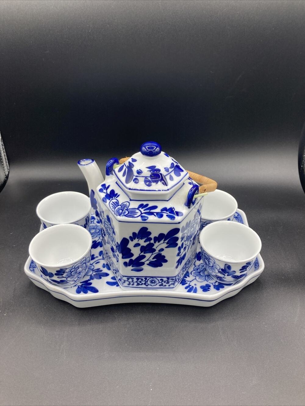 Misty Rose Vintage Teapot Set of 4 Cups Super White China Cobalt Blue Teacup